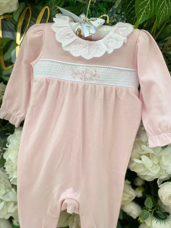 Pink Cotton Baby Girls Coming Home Up To 9 Month Smocked Flower Sleepsuit - Essex Babyclothes Boutique 1