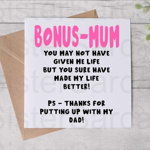 Personalised Funny Bonus Mum Thanks For Putting Up With My Dad Greetings Card - Card For Mum - Birthday Card - Mother’s Day Card - High Quality UK Printed Greetings Card with Brown Envelope