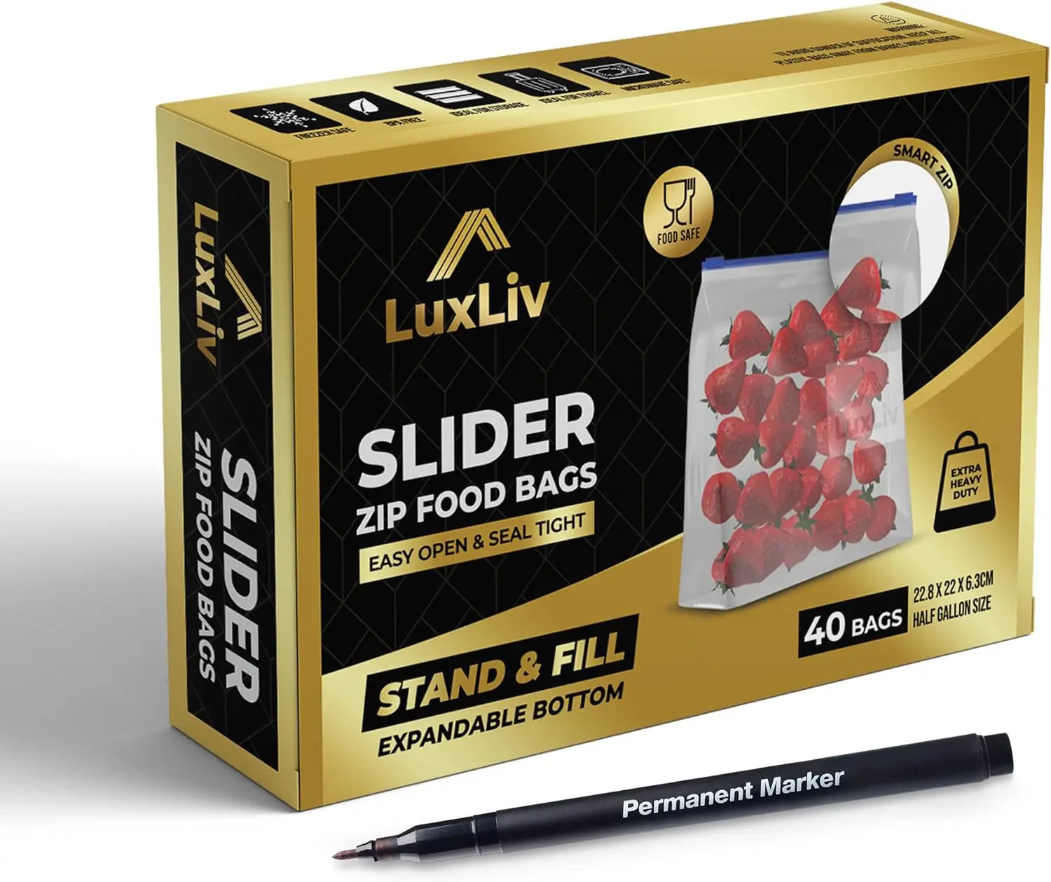 40 x LuxLiv  Premium Food Storage Freezer Bags & Marker Pen | Heavy Duty Slider Zipper Ziplock Bags | Airtight Expandable Bottom | Stand and Fill BPA Free – Microwave Reusable
