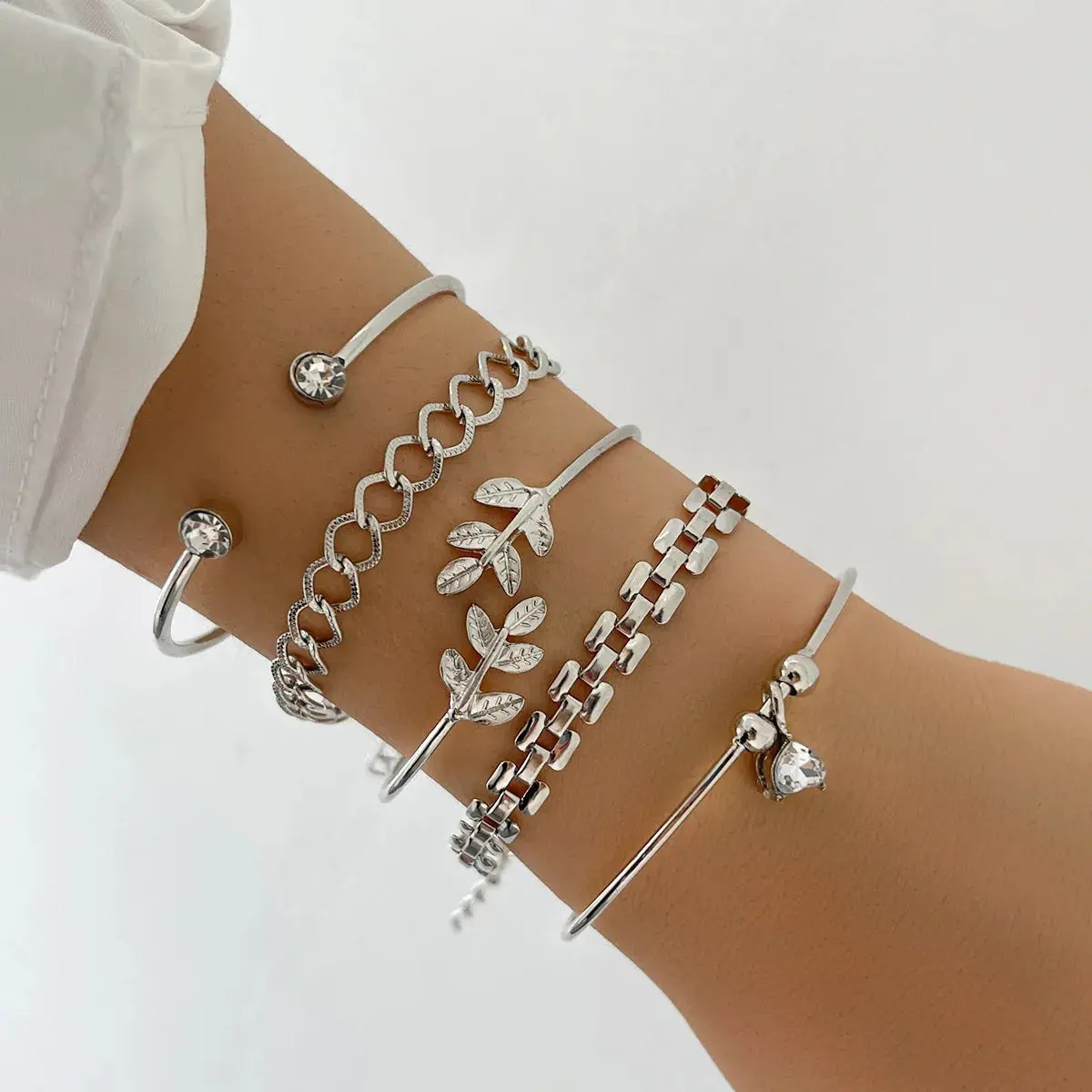 Bohemian Crystal Leaf Link Chain Bracelet Set