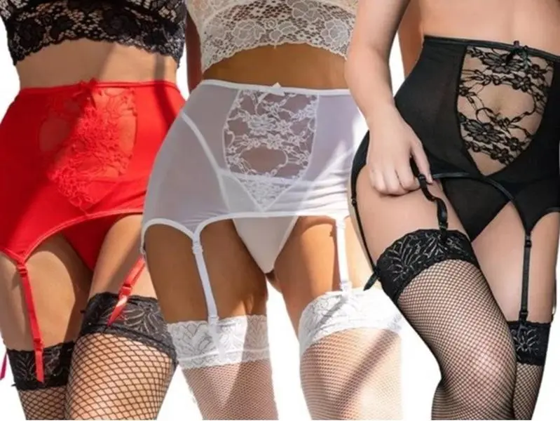Sexy Black, Red or White Lace High Waist Suspender Belt Lingerie - Sizes 8 10 12 14 16 18 20 22 Plus XL Womenswear Underwear Women Lady Comfort Basic Minimalist Adjustable Comfortable Day Elegance Fit Piece Polyester Stockings regular garter  thigh Straps