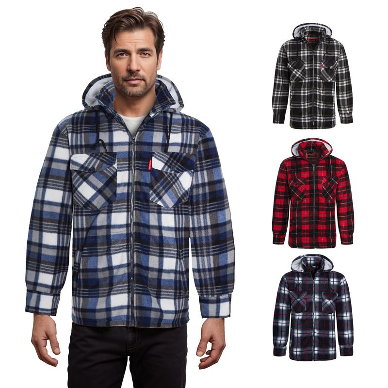 UNISEX Fleece Sherpa Fur Lined Lumberjack Detachable Hood Check Quilted Thermal Shirt Flannel Long Sleeve Casual Jacket Man Menswear Thick Coats Faux Padded Pockets Polyester Collared Top Underwear 0