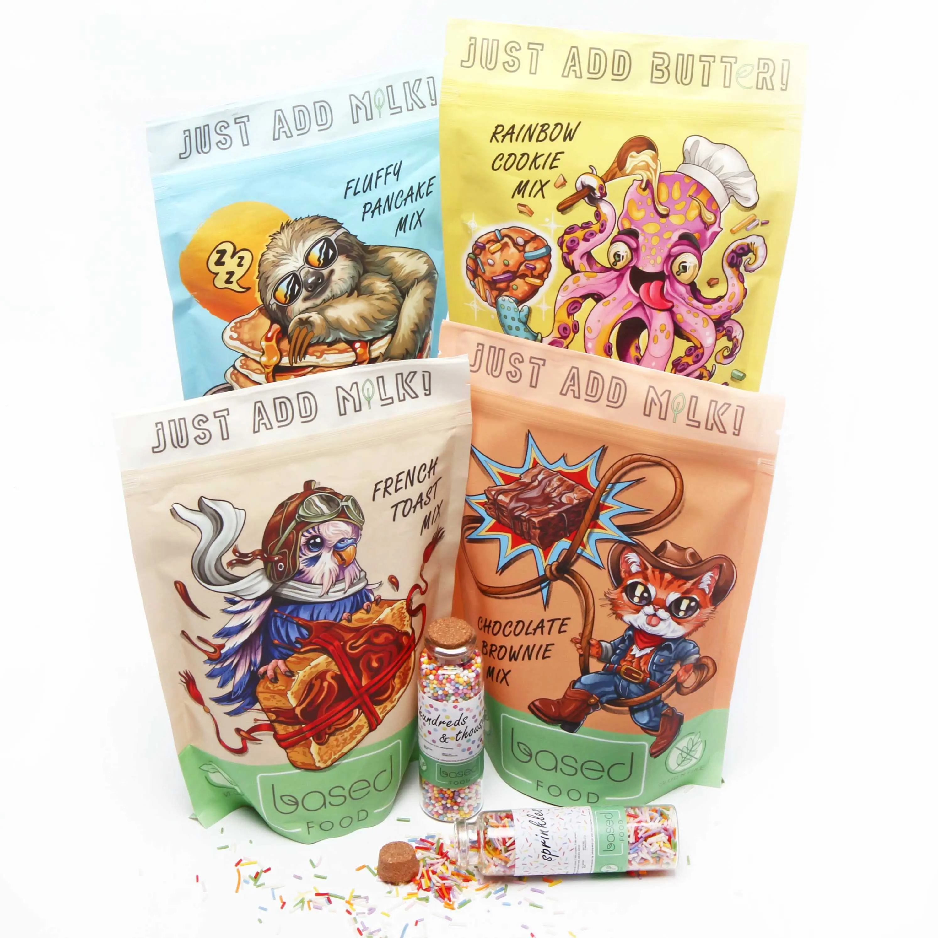 Baking Mix Artwork Bundle - Vegan, Gluten Free | Cookie Mix, Brownie Mix, Pancake Mix and Our Best Seller, eggless Vegan French Toast Mix, plus sprinkles and 100s & 1000s