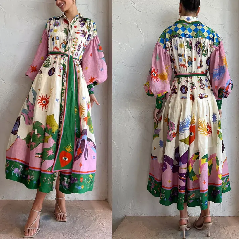 Fashion Popular Clothing Summer Women's New Casual Personality Printing V-neck Tie Waist Long-sleeved Dresses