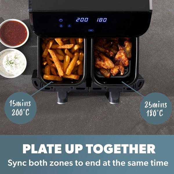 Daewoo Digital Double Drawer Air Fryer with Sync Function, Use Less Oil for Healthier Baking, Roasting and Grilling, 8 pre-set cooking Programs, 9 Liters, Family Sized, Black 4