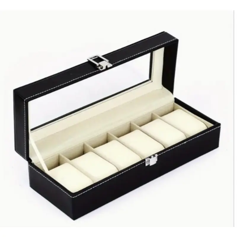 Luxury 6-Slot Watch Box Organizer with Glass Top, Premium Black PU Leather Exterior, Soft Velvet Interior, Square Watch Display Case with Flip-Top Lid for Storage and Showcase Multicolor 1