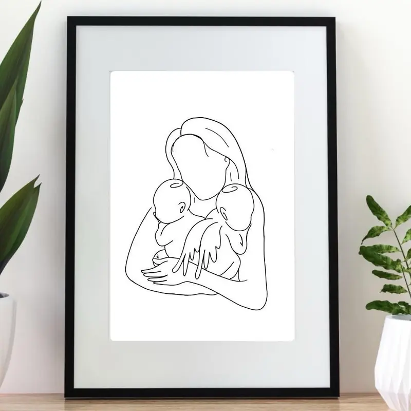 Personalised Mother Holding Angel and Earthside Twin Babies Line Art - Infant Loss Keepsake - Room Decor - Wall Print Gift Decoration Poster - Ornaments, Artistic 0