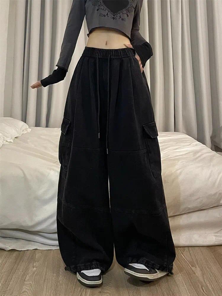Product Introduction of 2024 Korean Y2K Fashion Drawstring Casual Baggy Cargo Jeans Pants Women Clothing Straight Wide Leg Sweatpants Female Trousers 8
