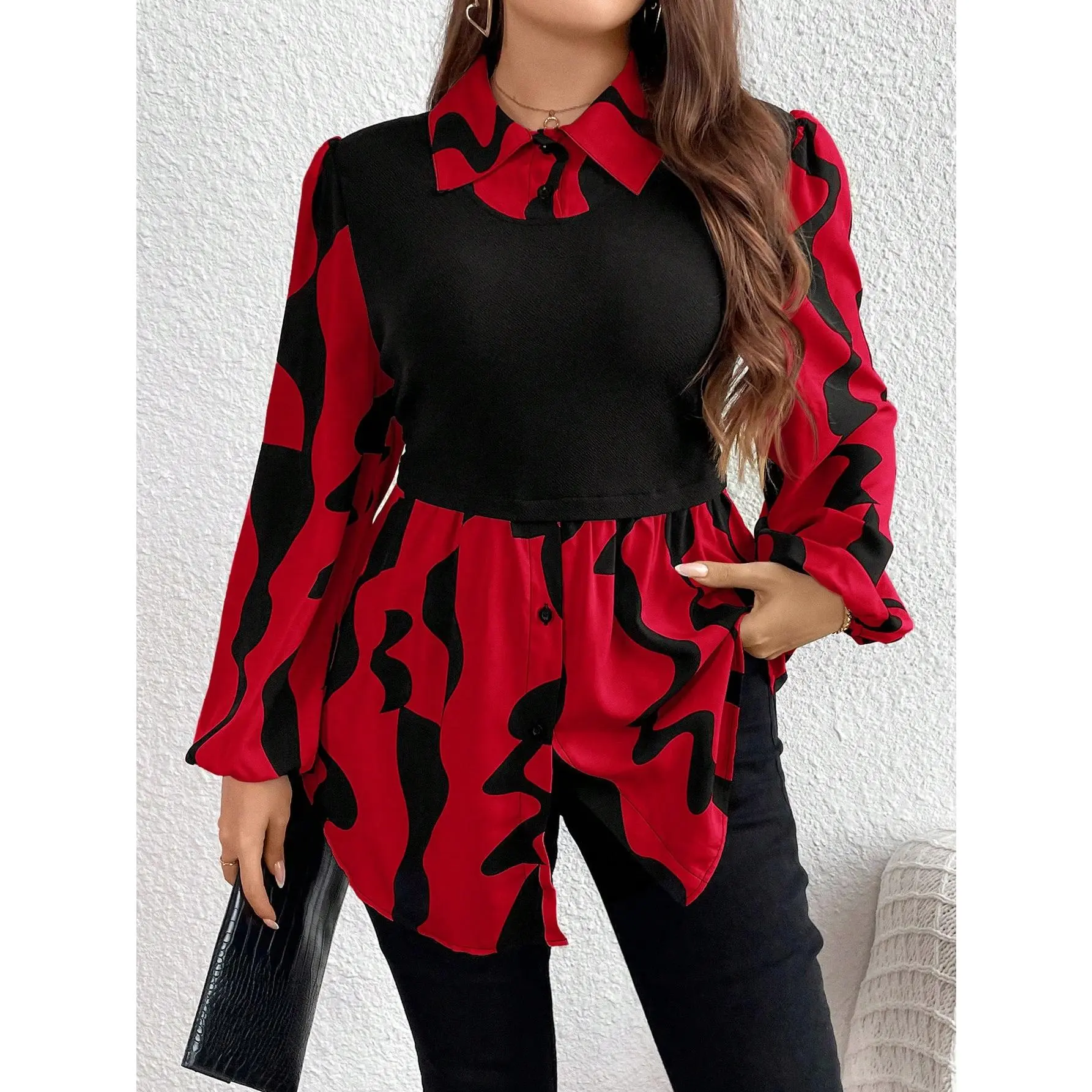 EMERY ROSE Plus Size Women's Long Sleeve Colorblock Button Blouse Women Tops Fall Clothes New Years Women Outfit New Year Eve Outfit Holiday Outfit Collar Shirts