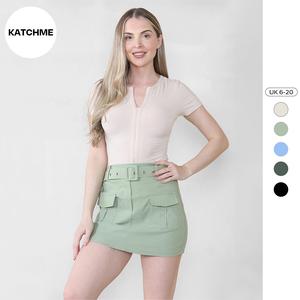KatchMe Women's Versatile Plain High Waist Flap Pockets Mini Skirt,Solid Color A-Line Skirt,Street Womenswear for All Seasons,Chic Women's Bottom