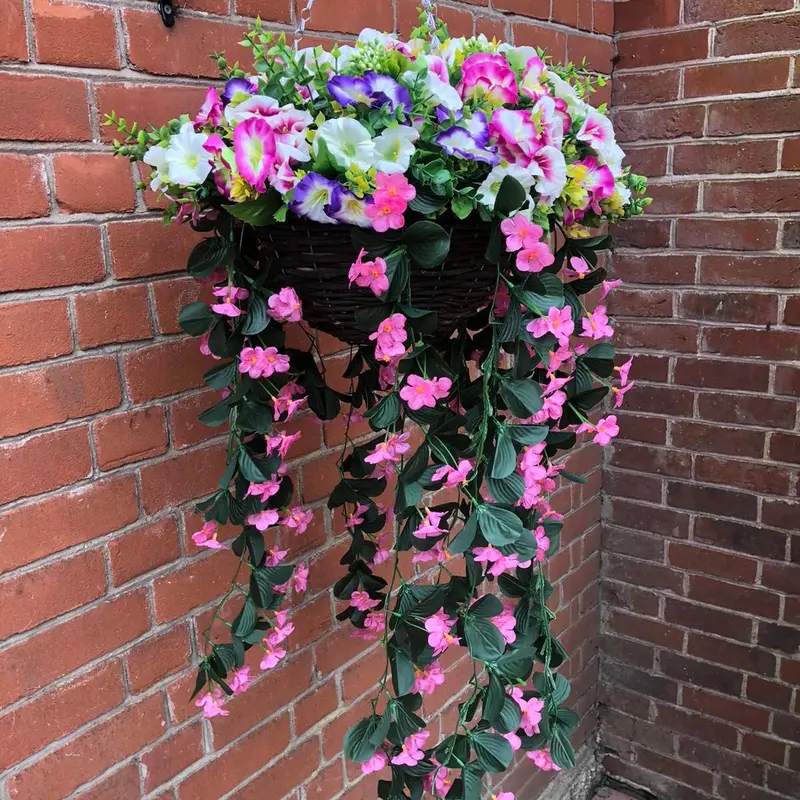 Large Handmade Morning Glory Petunia Trailing Flowers in Hanging Basket with Foliage Berries - 12 Inch Basket - Decorative, Decor Decoration Plants Nature 3