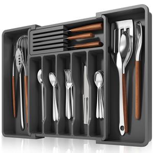 Giggi Plastic Cutlery Drawer Organiser Boxes, Expandable Cutlery Tray With Removable Knife Holder, Multipurpose Extendable Kitchen Drawer Organiser Storage Insert for Silverware Utensils, Makeup, accessories, Tools