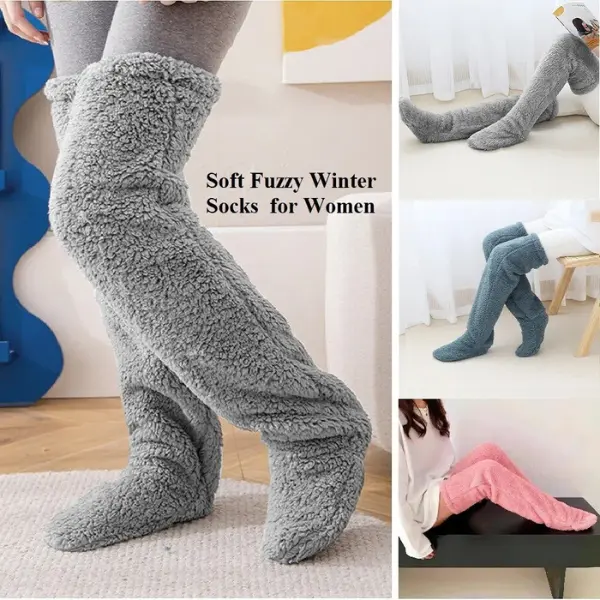 Snugglepaws Women Knee-high Soft Fluffy Sock Slipper Plush Cozy Socks Long Leg for Winter Fuzzy Smooth