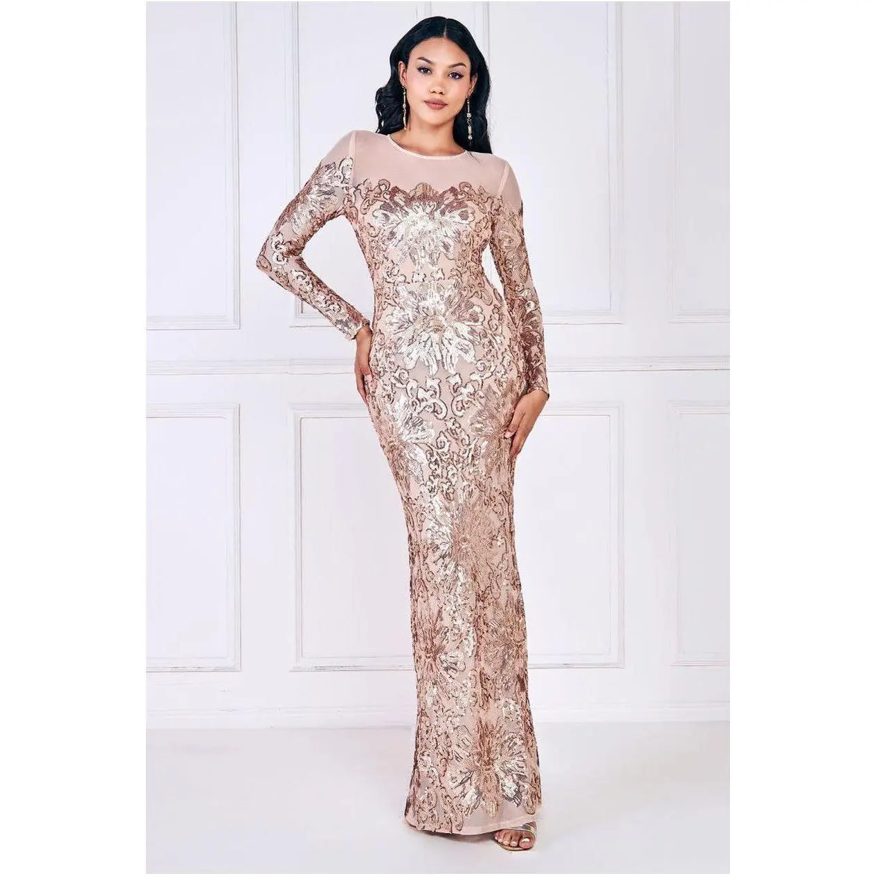 Goddiva Floral Sequin Mesh Maxi - Champagne