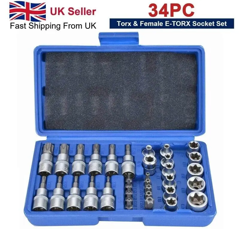 34Pcs Torx Torque Tork Star Bits Drive Male Female 3/8' Chrome Sockets Set Tool