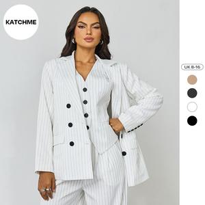 KatchMe V-Neck Tailored Double Breasted Notch Lapel Blazer,Holiday Outfit,Chic Color Matching Pinstripe Long Sleeve Jacket for Fall & Winter