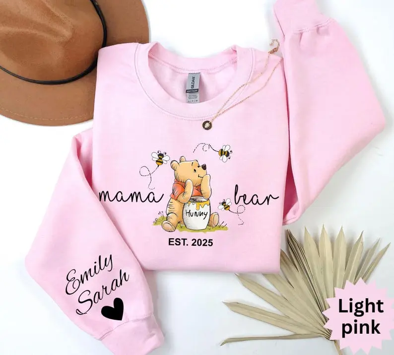 Custom Mama Bear Hoodie and Sweatshirt, Mother Day Gift Shirt, Winnie the Pooh Mothers Days Gift, Mama Est with Kid Name on Sleeve Shirts 0