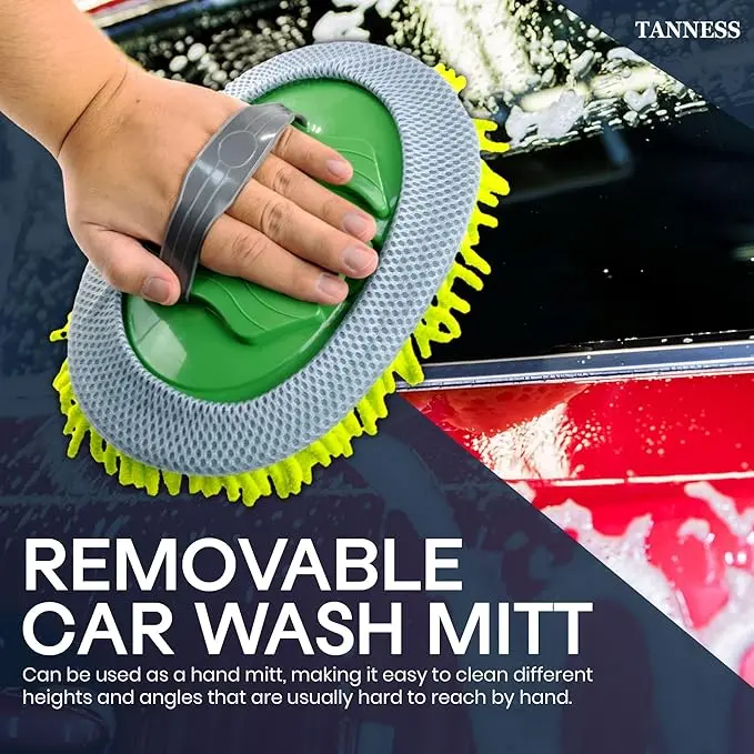 TANNESS Car Cleaning Brush | Microfibre Mop with Mittens | Car Wash Kit for Cleaning Van Truck Caravan | Scratch Free 2 x Mop Heads | 1 x Extendable Pole 60-106cm with 3 Sections Cleaning Products 4