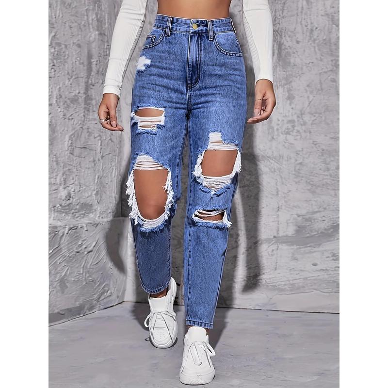American Retro Hole-punched Jeans Women High Waist Straight-crotch Loose Slim Design High-street Vibe Wide-legged Dragging Pants 5