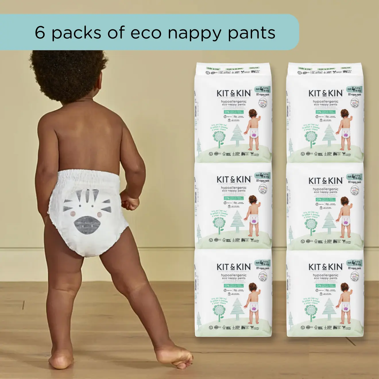 Kit & Kin baby eco pull-up nappy pants monthly bundle - 6 packs of sustainable nappies with cute animal prints
