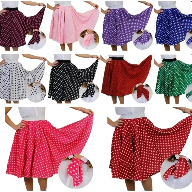 Ladies Rock and Roll 1950's Fancy Dress Costume with Polka Dot Skirt and Scarf - White Dots - Summer
