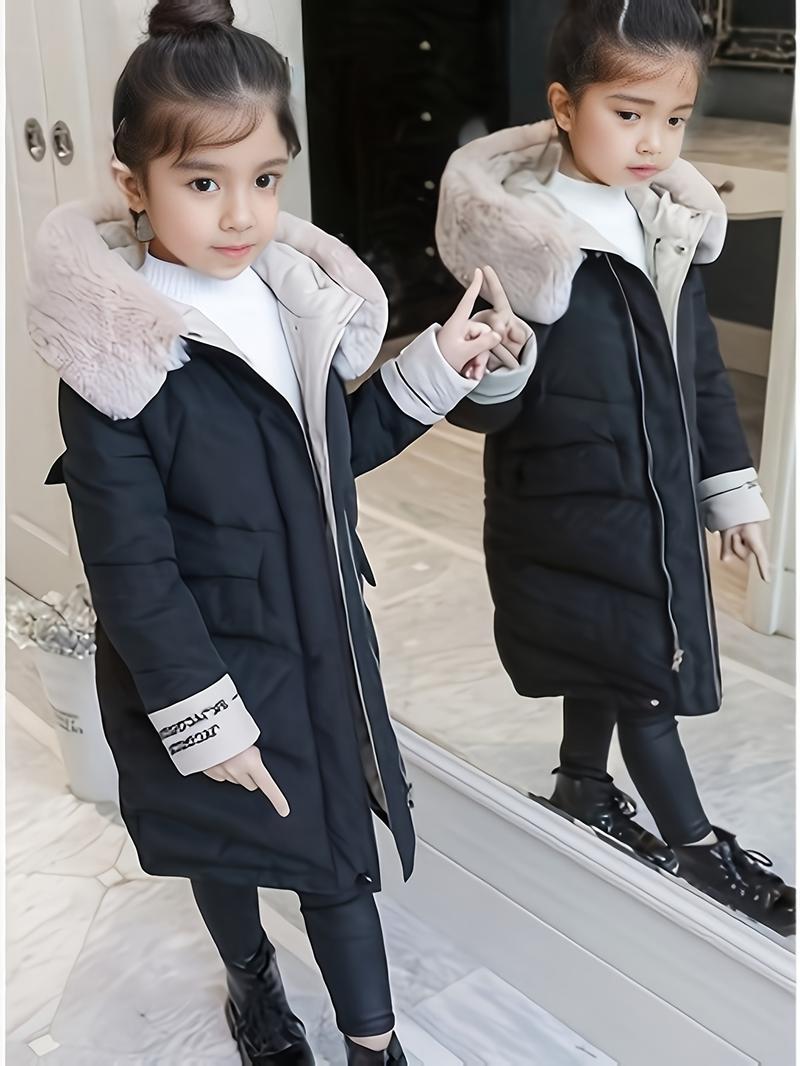 Product Introduction of Girls Trendy Furry Hooded Collar Long Polyester-Padded Jacket, Mid-length Kids Winter Clothes 4
