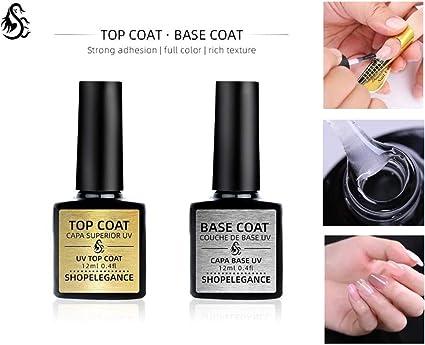 Product Introduction of SHOP ELEGANCE Gel Base and Top Coat. Top + Base Coat Gel Polish Set 2 x 12ml 0.4fl. Gel Nail Polish Soak off UV LED Drying Long Lasting Shiny, High Gloss Finish Clear 6