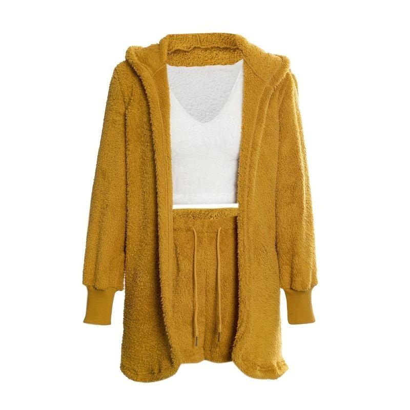 【2025】Warm Fuzzy Pajama Set, Long Sleeve Hooded Robe & Tank Top & Drawstring Shorts, Women's Sleepwear & Loungewear 8