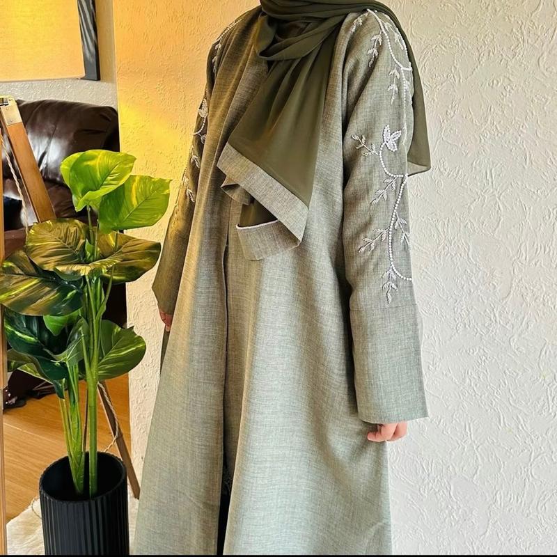 Linen embellished green abaya 1