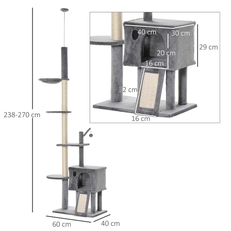 PawHut 270cm Floor To Ceiling Cat Tree Cat House Scratching Post for Indoor Cats Hammock Hanging Ball Activity Center Grey 2