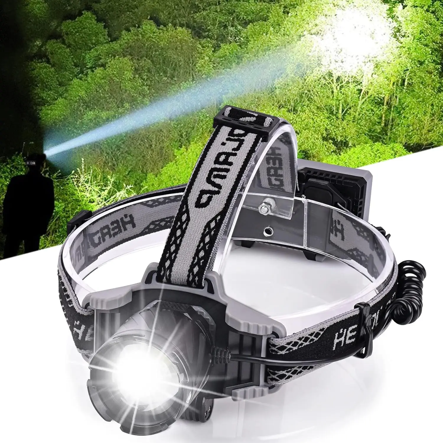 HAOYEHOME HEAD TORCH RECHARGEABLE, 100000 LUMENS HEADTORCH SUPER BRIGHT WITH 4 MODES, ZOOMABLE, DIGITAL POWER DISPLAY, IPX6 WATERPROOF HEADLAMP WITH WARN RED LIGHT FOR HIKING, CAMPING, HUNTING