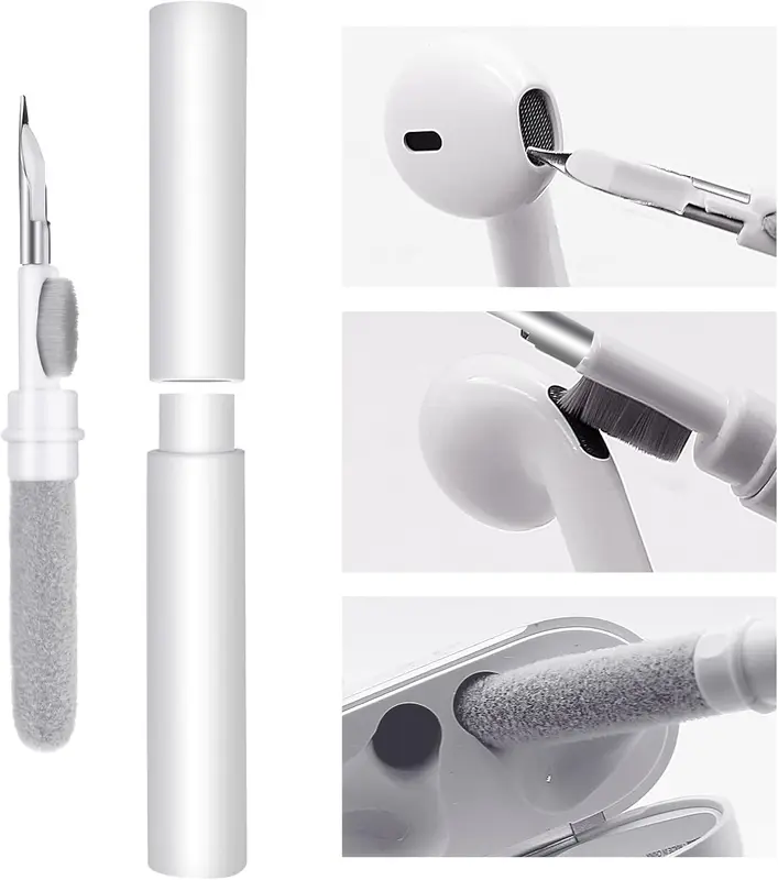 AirPod Cleaning Kit,3-in-1 Cleaning Pen Electronics Cleaning Brush Earphones Cleaner Accessories, Earphone Cleaning Kit,Wireless Earbuds Clean Penwith Soft Brush, Sponge, Metal Tip(White) 0