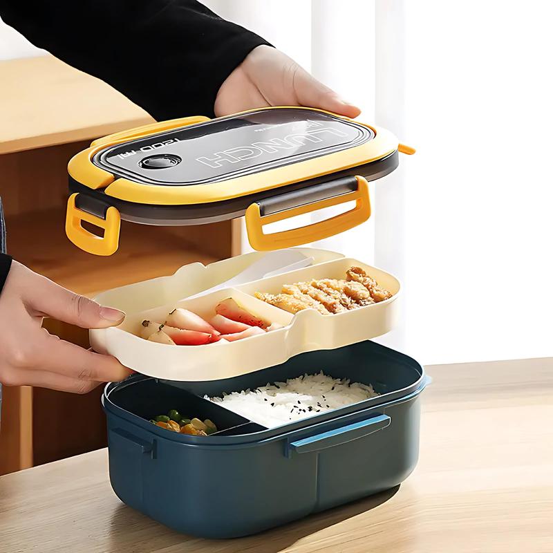 Premium Leak-Proof Dual-Compartment Lunch Box, Microwave-Safe, Spacious, and Easy to Clean with Cutlery Set – Ideal for Meal Prep, Work, Office, School, Travel and Picnic Modern  Bento Box for Kids, Adults, Food Storage, Reusable Lunchbox ,Tableware heate 3