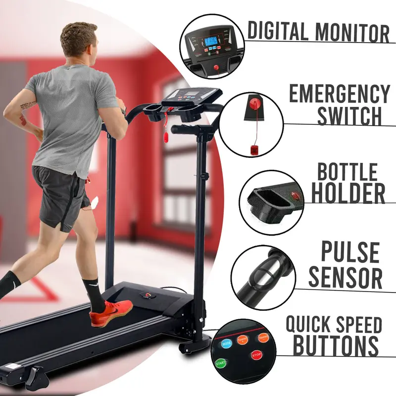 Foldable Electric Speedy Sports Treadmill 1.5 HP Motor LED Display 12 Programs 110KG Capacity Space Saving Walking Jogging Machine with Safety Key & Phone Bottle Holder 5