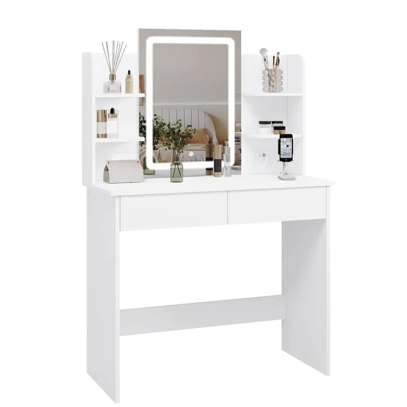 WOLTU Dressing Table with Dimmable LED Lights, Vanity Desk with Mirror & 2 USB Charging Ports, Makeup Table with 2 Drawers and Open shelves, Wooden Bedroom Dresser, White, MB6112ws clear  vanity 0