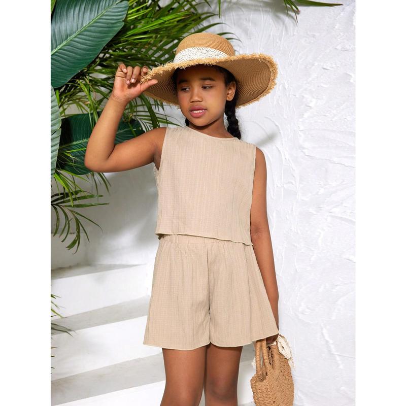 Tween Girl Casual Spring/Summer Solid Color Woven Sleeveless Top And Casual Shorts Set 3