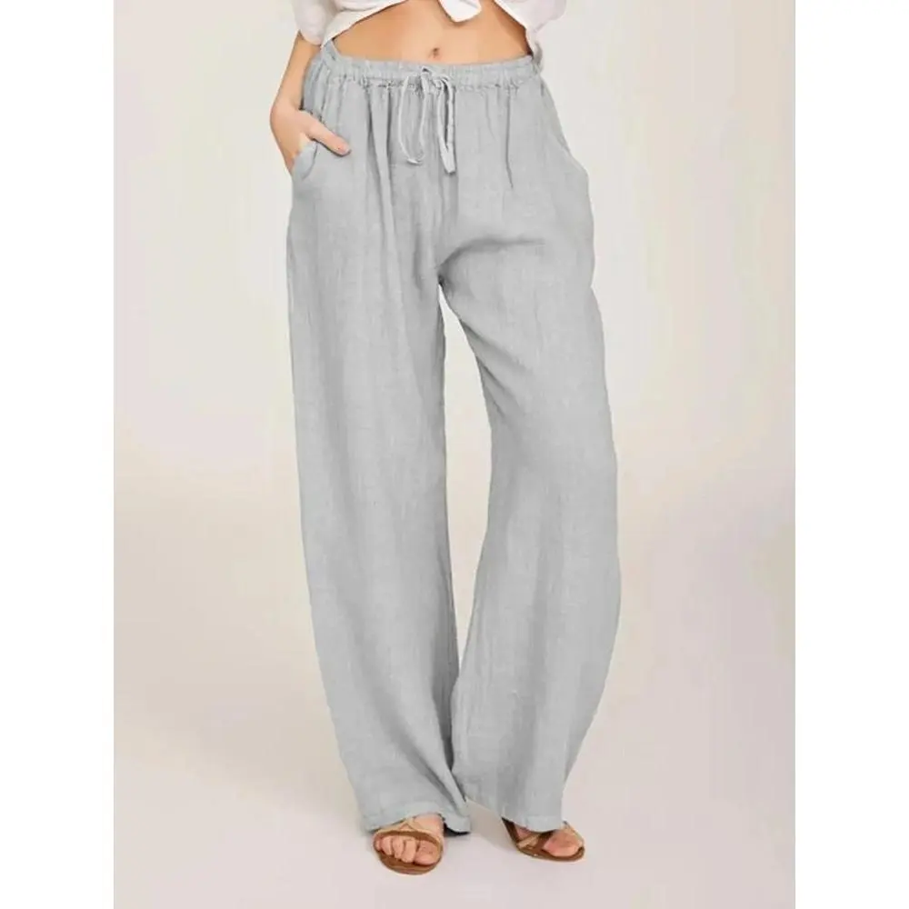 Women's Cotton Linen Wide Leg Trousers Casual Elastic Waist Pants with Pockets, Summer & Autumn Fashion