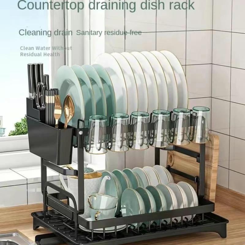 AYSTHETICS Dish Drying Rack,Large Capacity Dish Drainer, Dish Rack With Utensil Organzie,Dish Drainer Rack With Cutting Board Holder,Plus 3 Hooks,Black     storage dishdrainer kitchen dishrack kitchen rack Expandable kitchen Organiser   dish rack Plastic 3