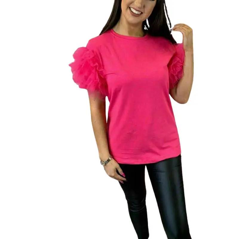 Womens Ladies Tulle Scoop Neck Frill Mesh Puff Short Sleeve Party Tee TShirt Top 8