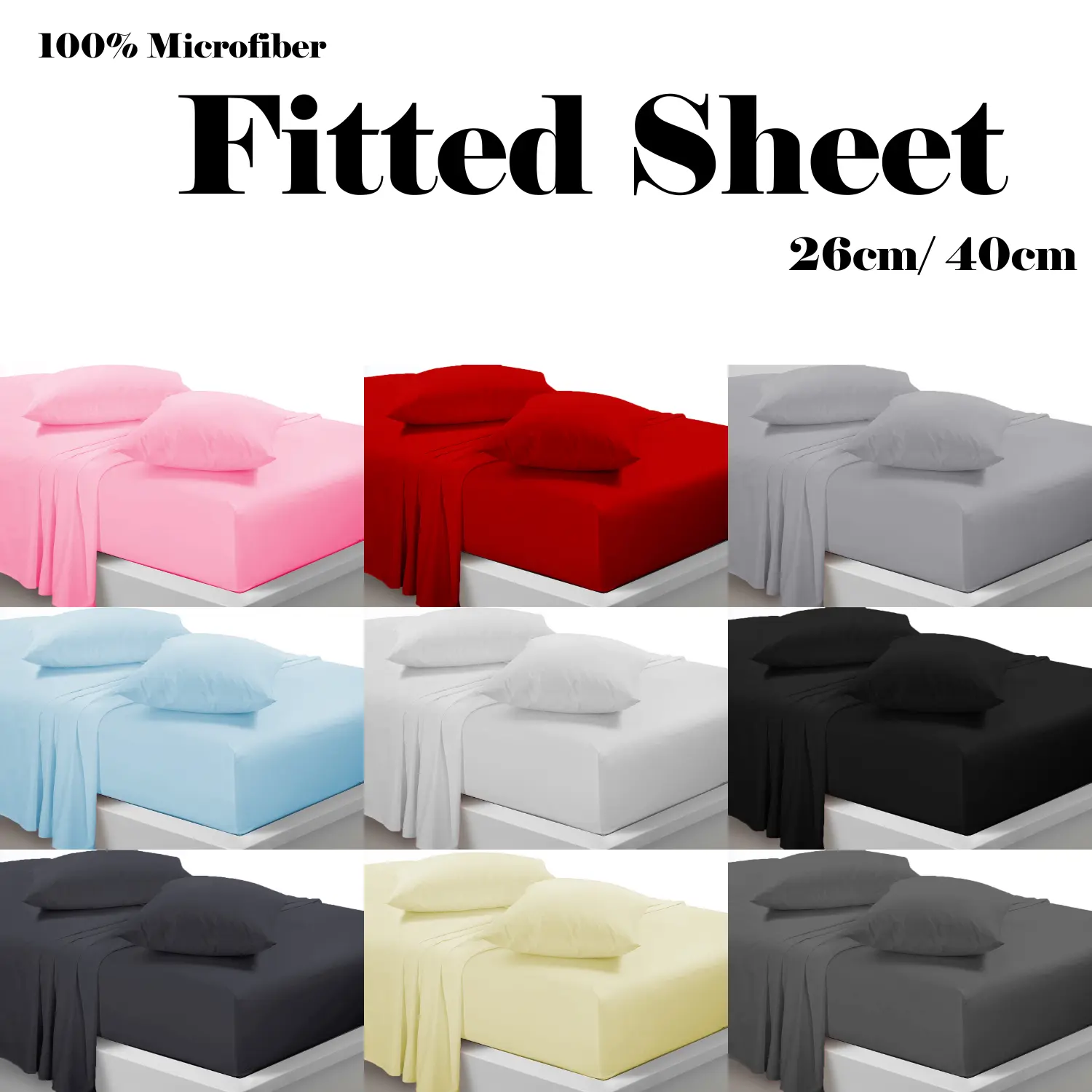 Best Quality Microfiber Fitted Bed Sheets 26cm 40cm Extra Deep Elastic Premium - Available in 25cm & 40cm Deep Options, Ultra Soft, Wrinkle-Free 10 Colours & 5 Sizes Single 4FT Double King Super-King