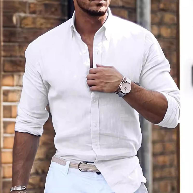 Cotton Linen Long Sleeve Shirt Solid Color Polo Collar Casual Style Shirt 1