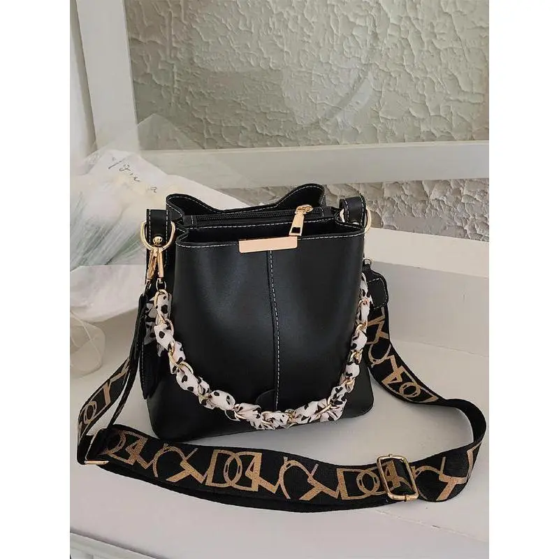 2025 new model Spring Chain Decorated Bucket Bag for Women, Solid Color Crossbody Bag with Silk Scarf, Minimalist Wide Strap Lux Bag for Women's Work & Daily Use Mother's Day Gift 1