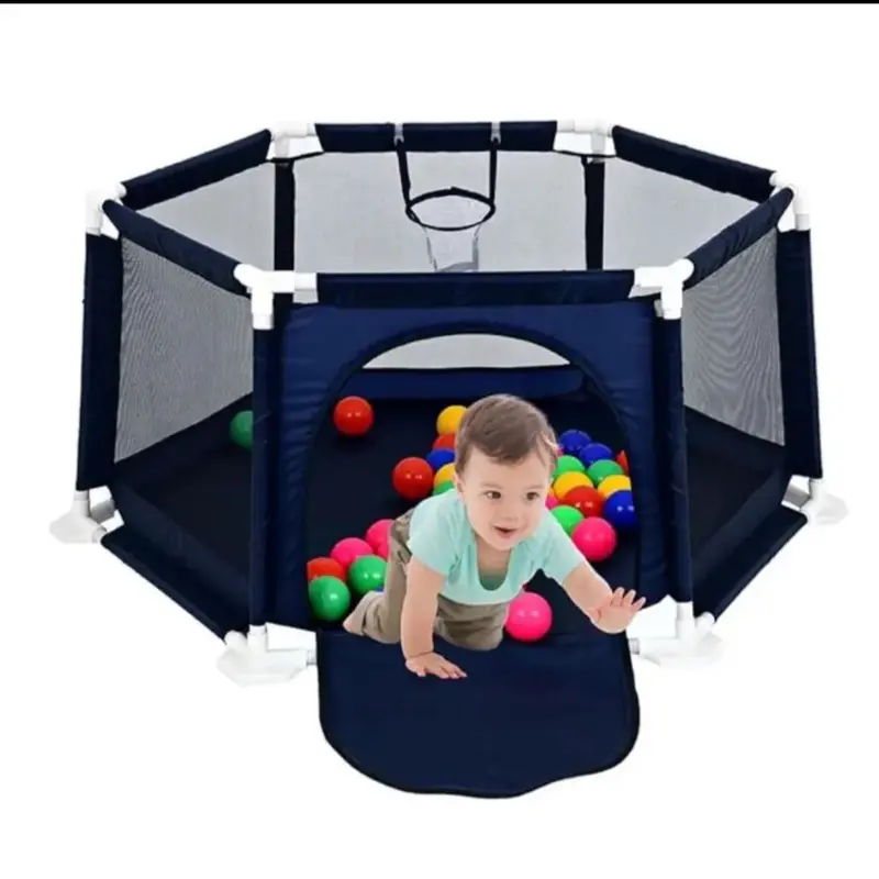 Baby Playpen, 6-Panel Portable Safety Play Yard with Breathable Mesh, Basketball Hoop, Pull Ring, and Balls at 1