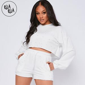 Rela Rela Pearl Embellished Loop Back Jersey Cropped Sweatshirt  Shorts Set UK 6-12 Casual Fit Womenswear