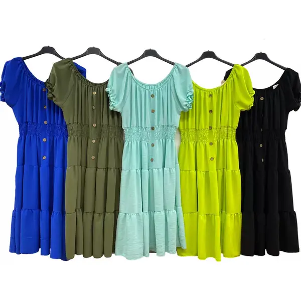 Women's Elasticated Bardot Off Shoulder Magic Button Dress - Summer Chiffon Smock Tiered Midi Dress with Frill Layered Detailing - Comfortable, Fabric Casual Womenswear Lightweight Polyester Stretchy