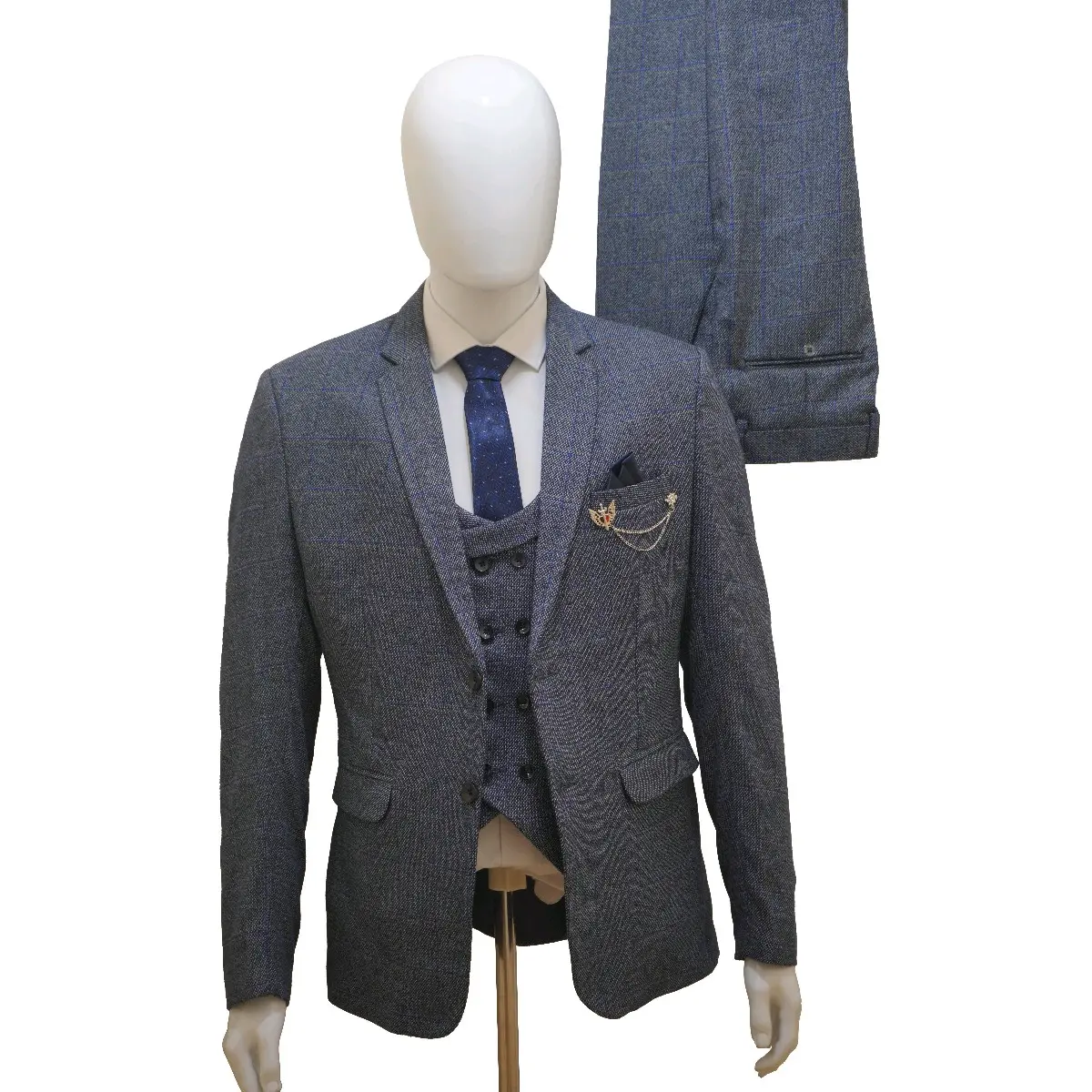 Men's Check Tweed Blue 3 Piece Suit Wool with Jacket, Waistcoat, Trousers and Tie