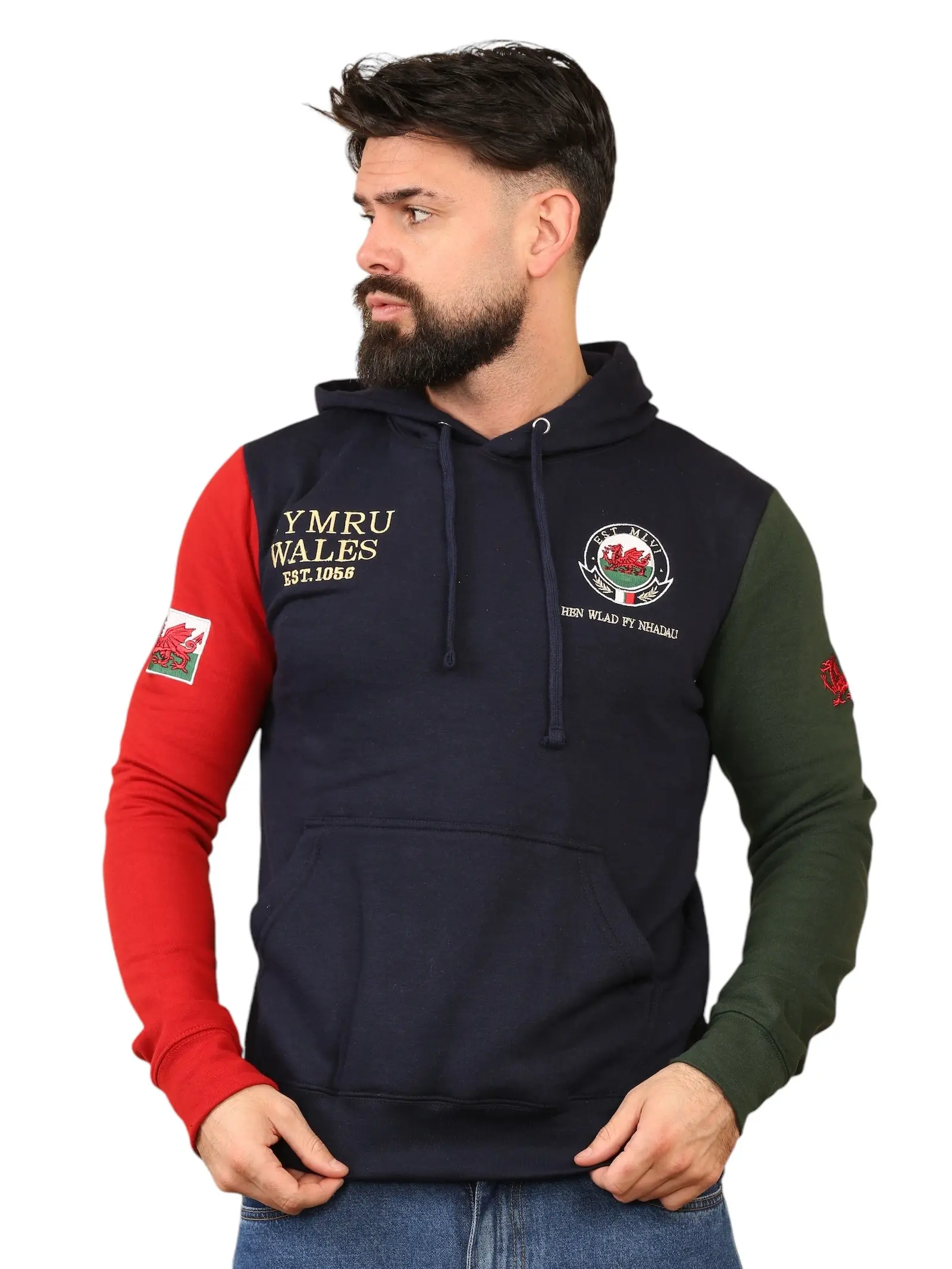 Wales Cymru Two-Coloured Sleeve Navy Hoodie for Men - Classic, Casual, Long Sleeves, Pullover