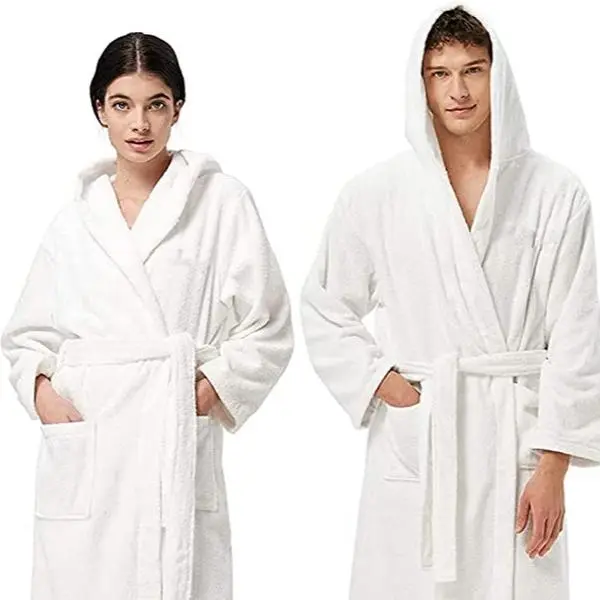 HOUSEGADS Bath Robe 100% Egyptian Cotton Terry Towelling Hooded Robe Gown Luxury and Super Soft Unisex Bathrobe for Men Women Cozy Gown Hotel and Spa Comfort Nightwear Womenswear Gorgeous Loungewear Underwear Long Sleeve Lady Longsleeves Vneck  White
