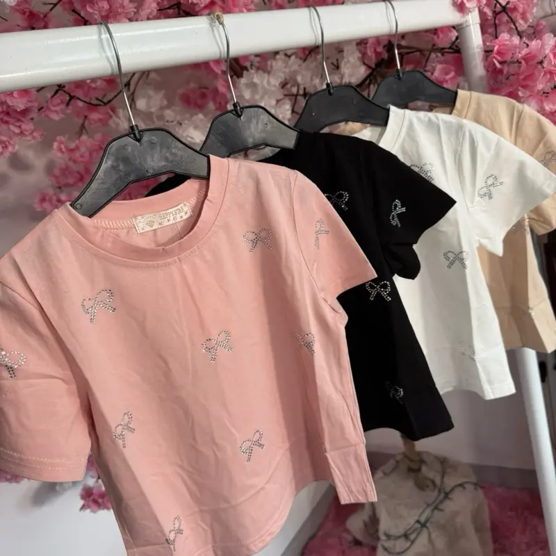[OSCK] Diamanté Bows Girls Kids T-shirt Top