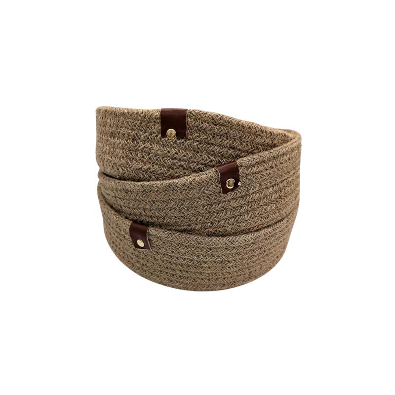 Handmade Jute Basket Set - 3 Pieces, Round, Washable, Available in Grey and Brown 3